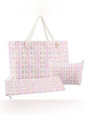 3PCS Pink and white Mahjong bags set for tiles and racks.